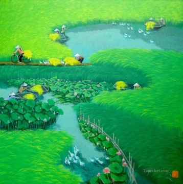 Asian Painting - Lotus on the rice field Vietnamese Asian
